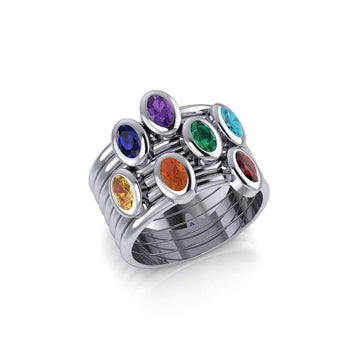 Oval Chakra Gemstone on Silver Stack Ring TRI1856 - Jewelry